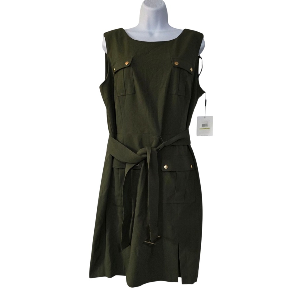 Calvin Klein Mini Shirt Dress Womens Basil Green‎ 14 Sleeveless Belted Casual